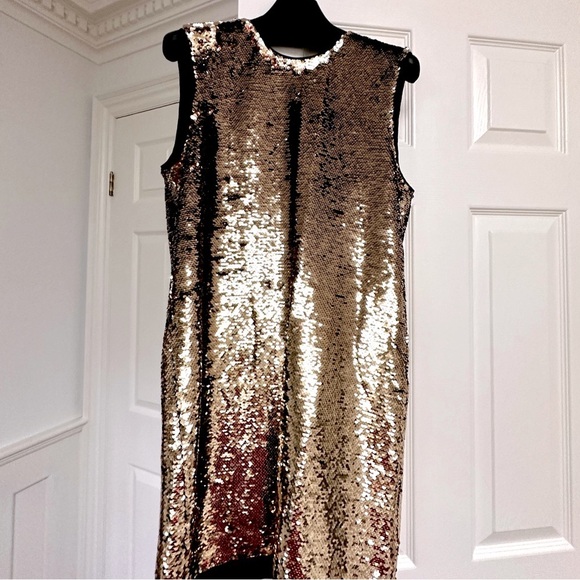 MAJE dress - new with tags. Gold mini Sequin A shape mini dress. Size- T2 - Picture 3 of 9